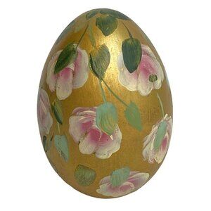 Handpainted Egg Figurine Pink and Gold Floral 4.5" high Signed